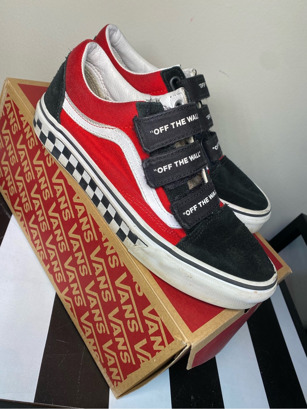 Vans Old Skool Velcro Sneakers - Red, Black, White with Checkerboard